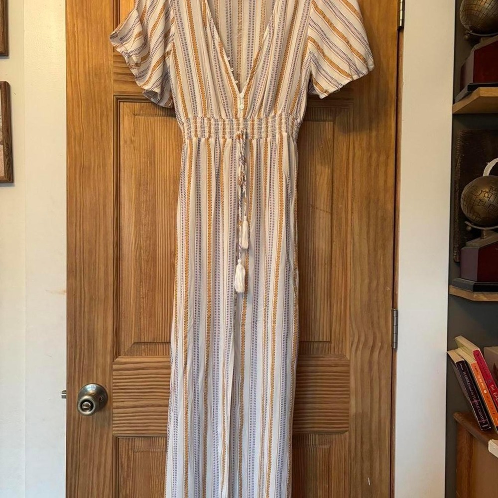 Boho Striped Maxi Dress Fairycore V-Neck Flutter Sleeve Slit